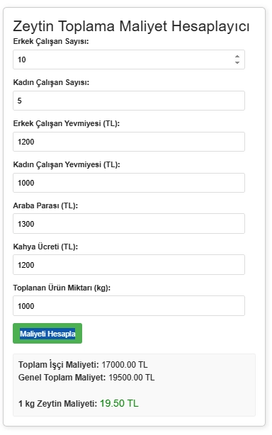 zeytin toplama maliyeti hesapmala