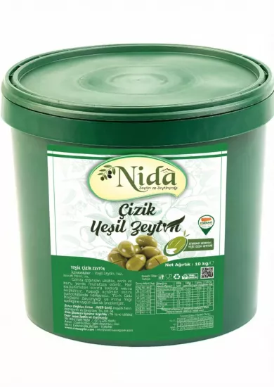 Edremit Yeşil Çizik Zeytin 10 kg Kova | Kalibre 230-260 | Nida Zeytin