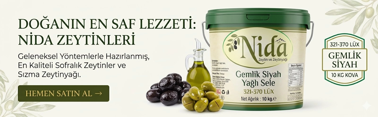 Nida Zeytin Gemlik Siyah Yağlı Sele 321-370 Lüx 10 kg. Geleneksel sele yöntemiyle, doğal tuz ve zeytinyağı ile işlenmiş, katkısız siyah zeytin. Hemen sipariş ver!